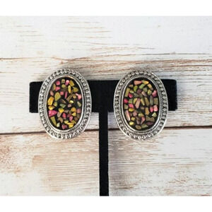 Vintage Clip On Earrings Multicolored Encased Stones Oval 1.25"